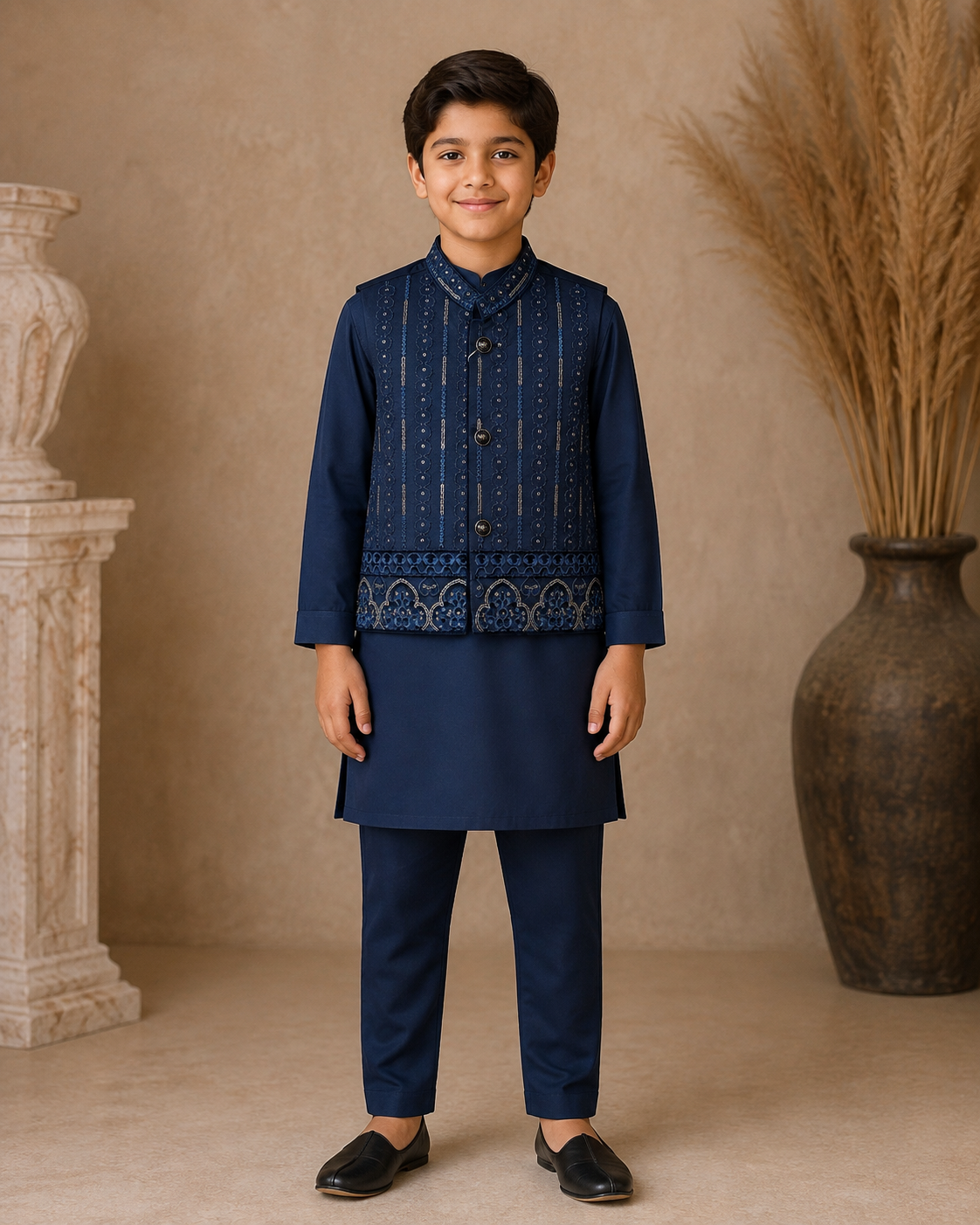 Mughal Medallion Embroidered Waistcoat Set with Matching Kurta Pajama