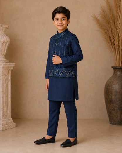 Mughal Medallion Embroidered Waistcoat Set with Matching Kurta Pajama