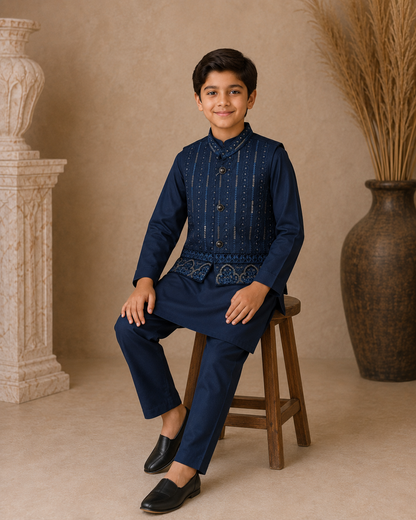 Mughal Medallion Embroidered Waistcoat Set with Matching Kurta Pajama
