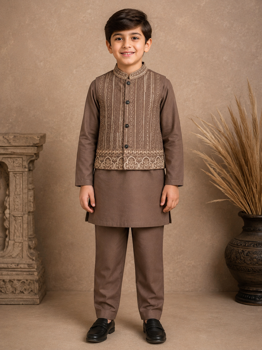 Mughal Medallion Embroidered Waistcoat Set with Matching Kurta Pajama