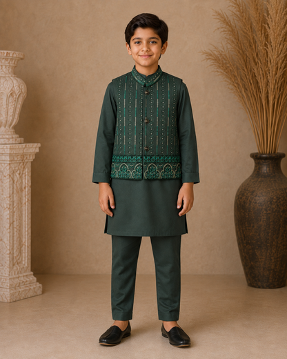 Mughal Medallion Embroidered Waistcoat Set with Matching Kurta Pajama