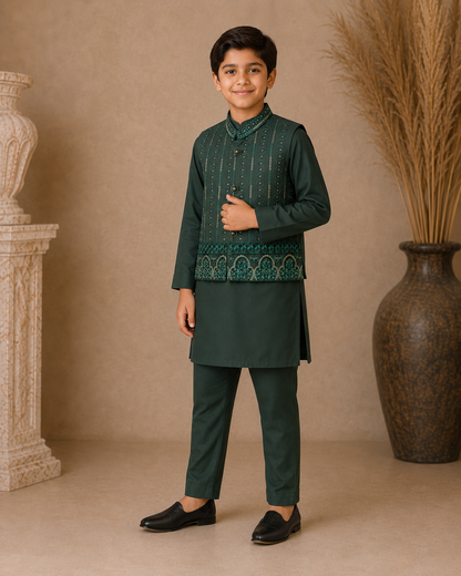 Mughal Medallion Embroidered Waistcoat Set with Matching Kurta Pajama