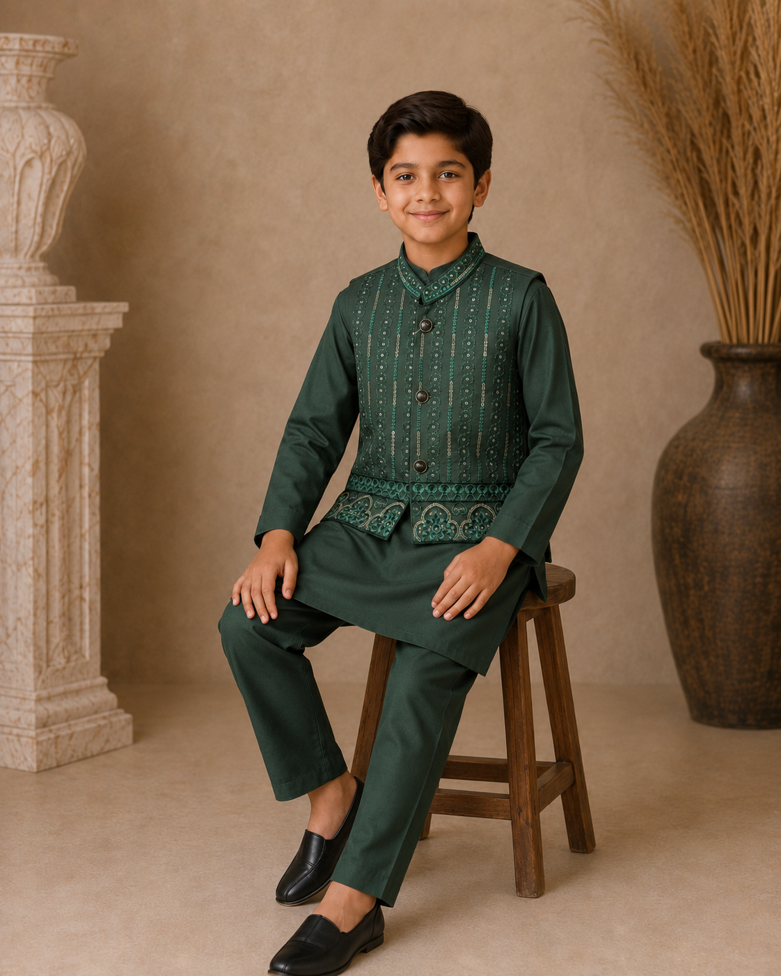 Mughal Medallion Embroidered Waistcoat Set with Matching Kurta Pajama