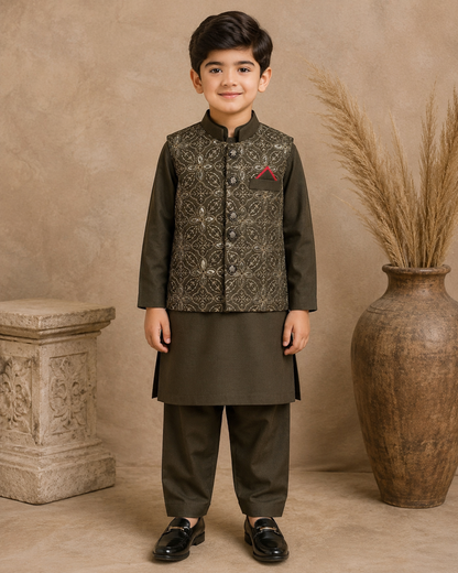 Royal Crest Embroidered Waistcoat Set With 3 Piece Kurta Pajama