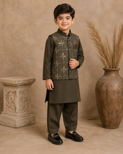 Royal Crest Embroidered Waistcoat Set With 3 Piece Kurta Pajama