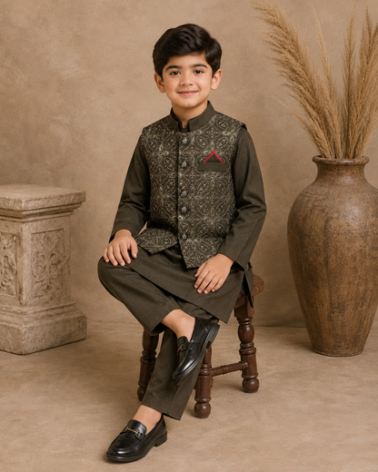 Royal Crest Embroidered Waistcoat Set With 3 Piece Kurta Pajama
