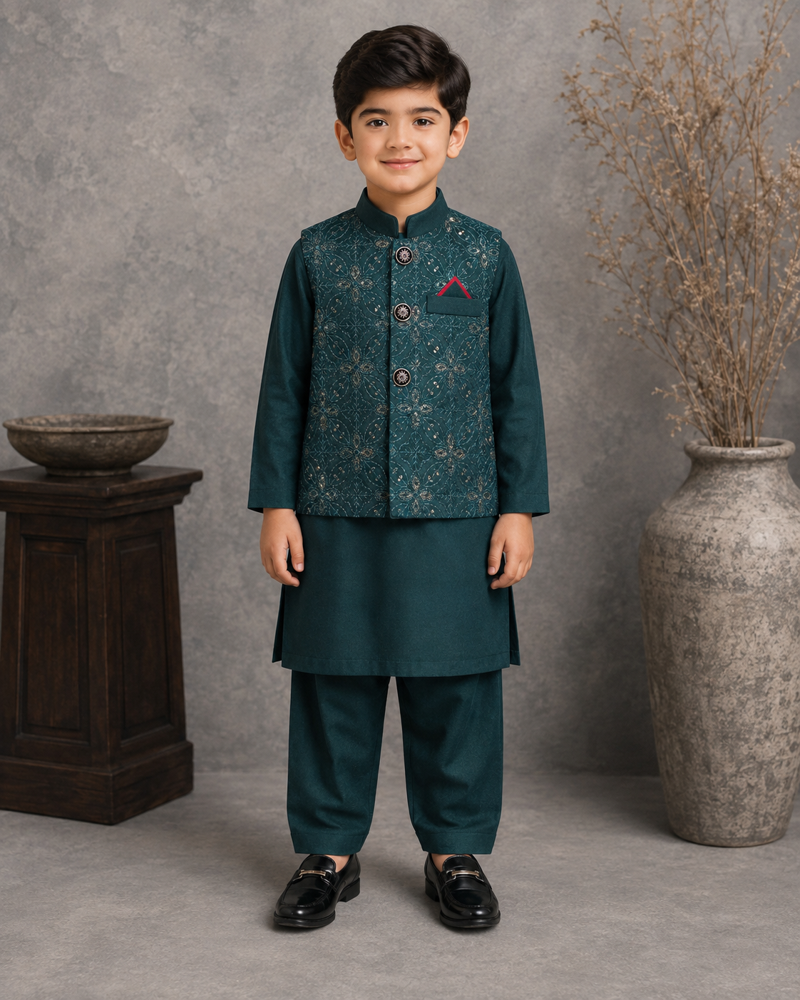 Royal Crest Embroidered Waistcoat Set With 3 Piece Kurta Pajama