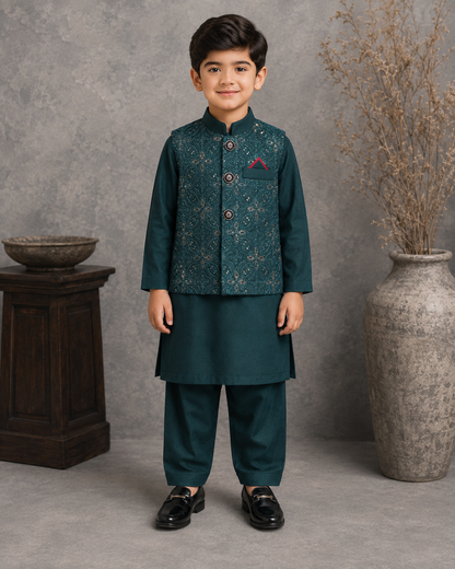 Royal Crest Embroidered Waistcoat Set With 3 Piece Kurta Pajama