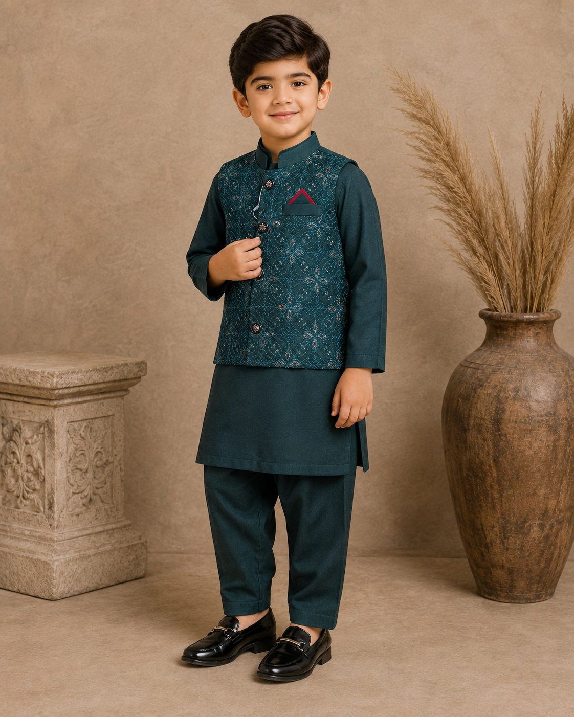 Royal Crest Embroidered Waistcoat Set With 3 Piece Kurta Pajama