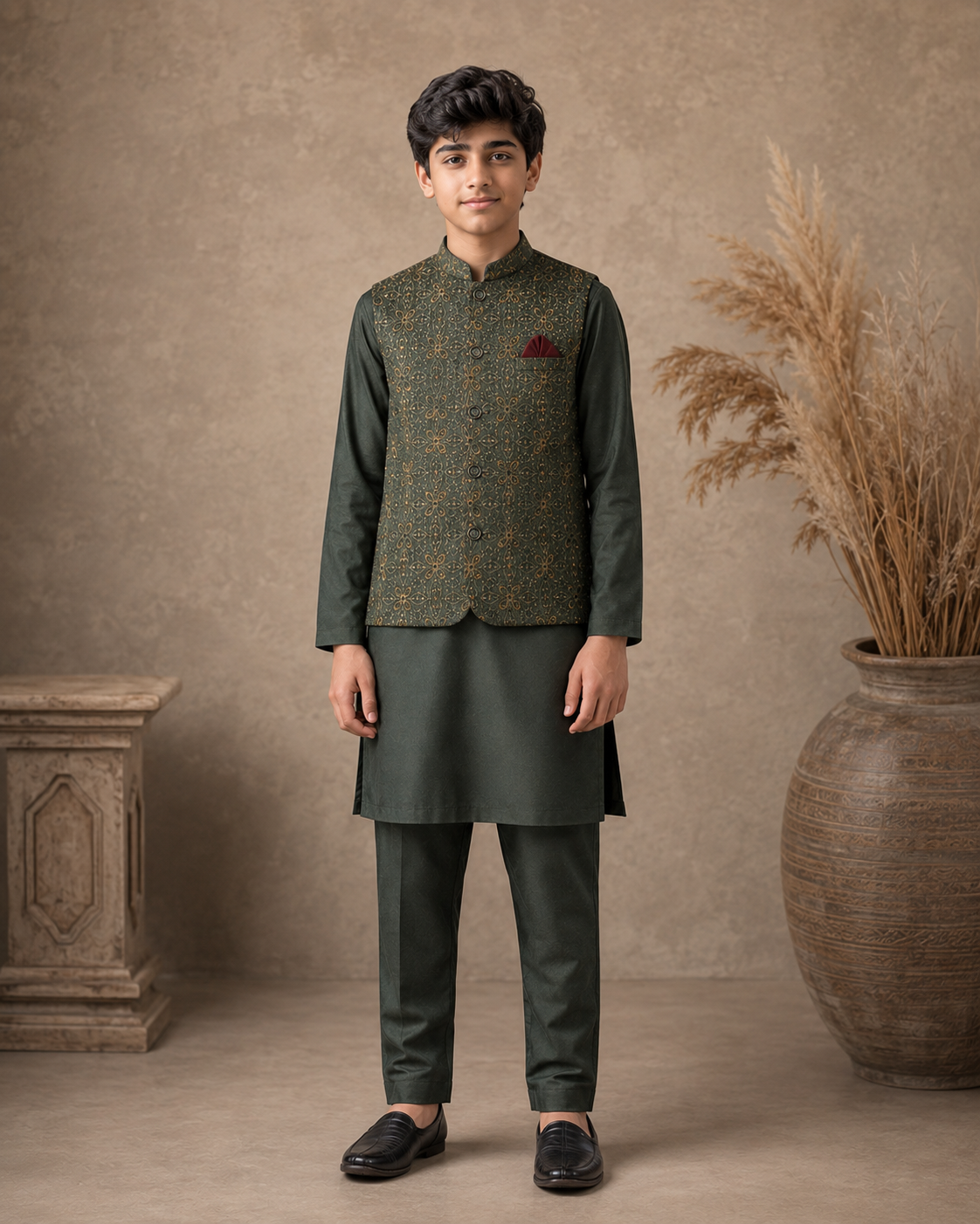 Royal Crest Embroidered Waistcoat Set With 3 Piece Kurta Pajama