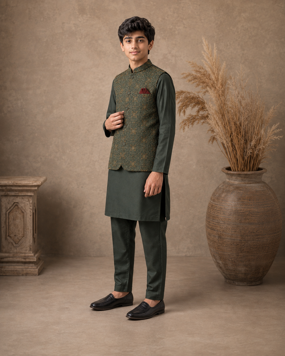 Royal Crest Embroidered Waistcoat Set With 3 Piece Kurta Pajama