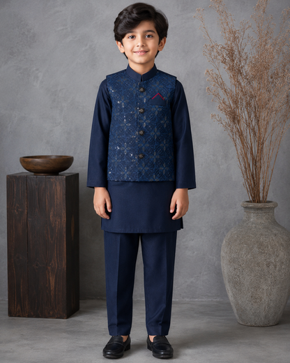 Royal Crest Embroidered Waistcoat Set With 3 Piece Kurta Pajama