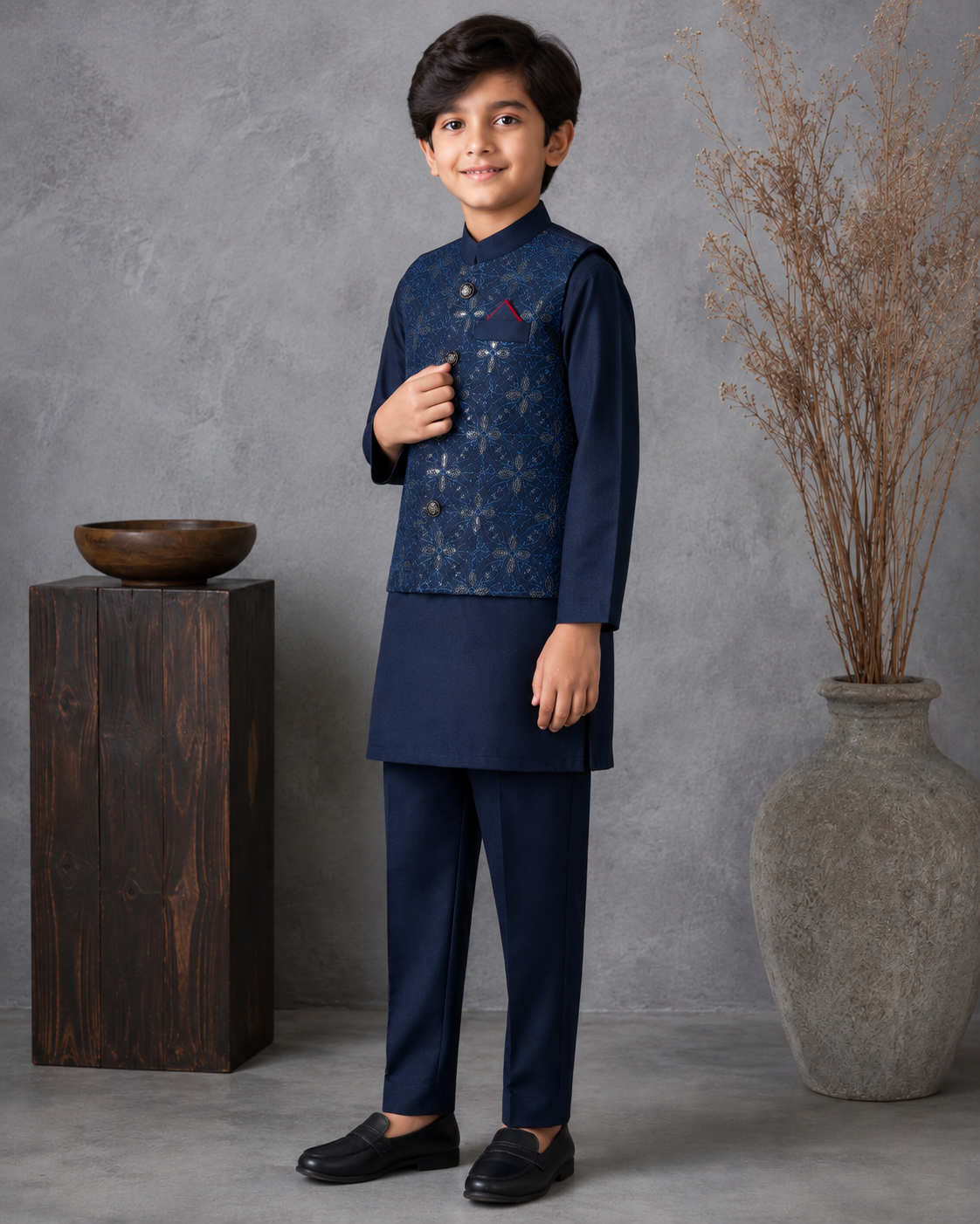 Royal Crest Embroidered Waistcoat Set With 3 Piece Kurta Pajama