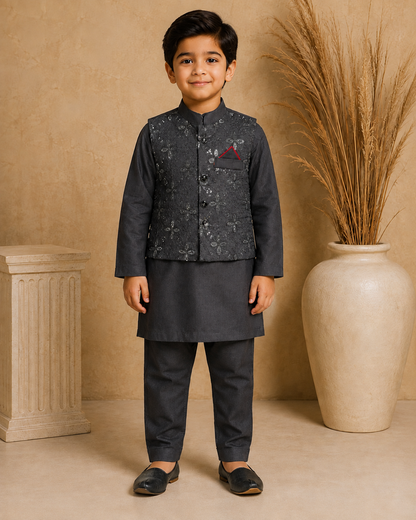 Royal Crest Embroidered Waistcoat Set With 3 Piece Kurta Pajama