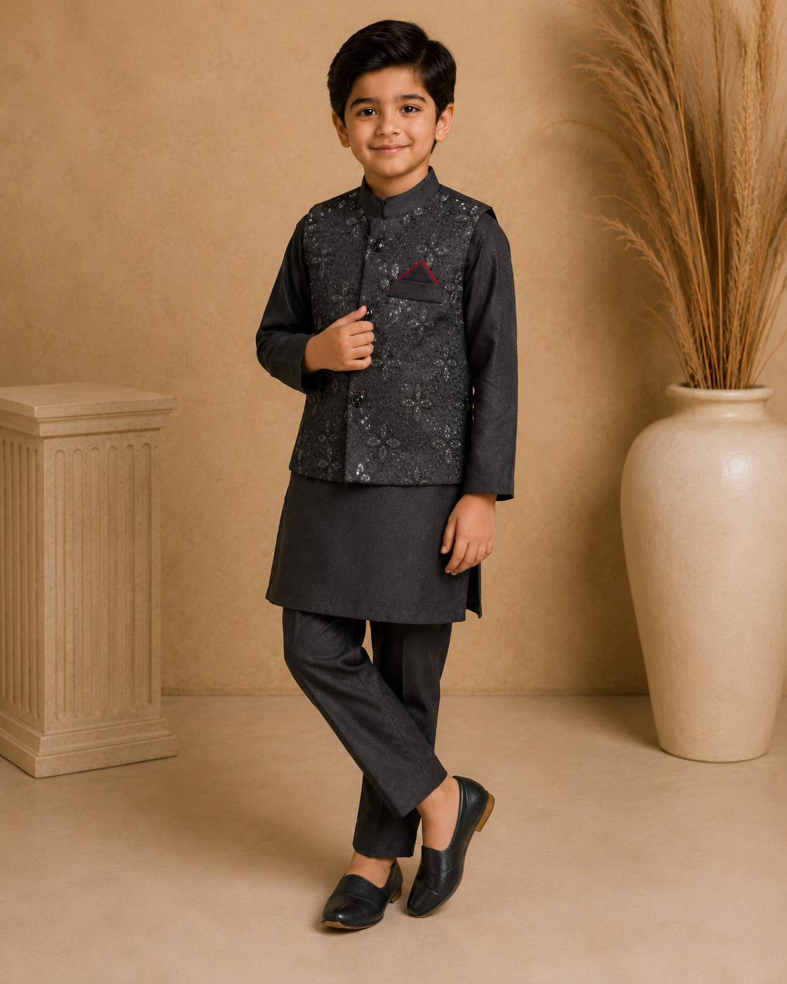 Royal Crest Embroidered Waistcoat Set With 3 Piece Kurta Pajama