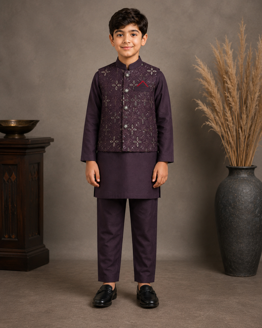 Royal Crest Embroidered Waistcoat Set With 3 Piece Kurta Pajama