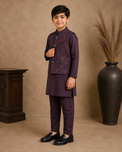 Royal Crest Embroidered Waistcoat Set With 3 Piece Kurta Pajama