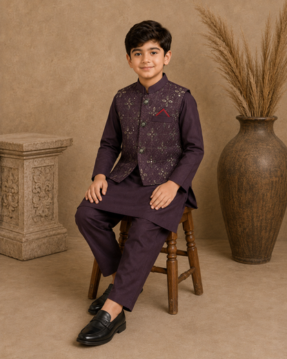 Royal Crest Embroidered Waistcoat Set With 3 Piece Kurta Pajama