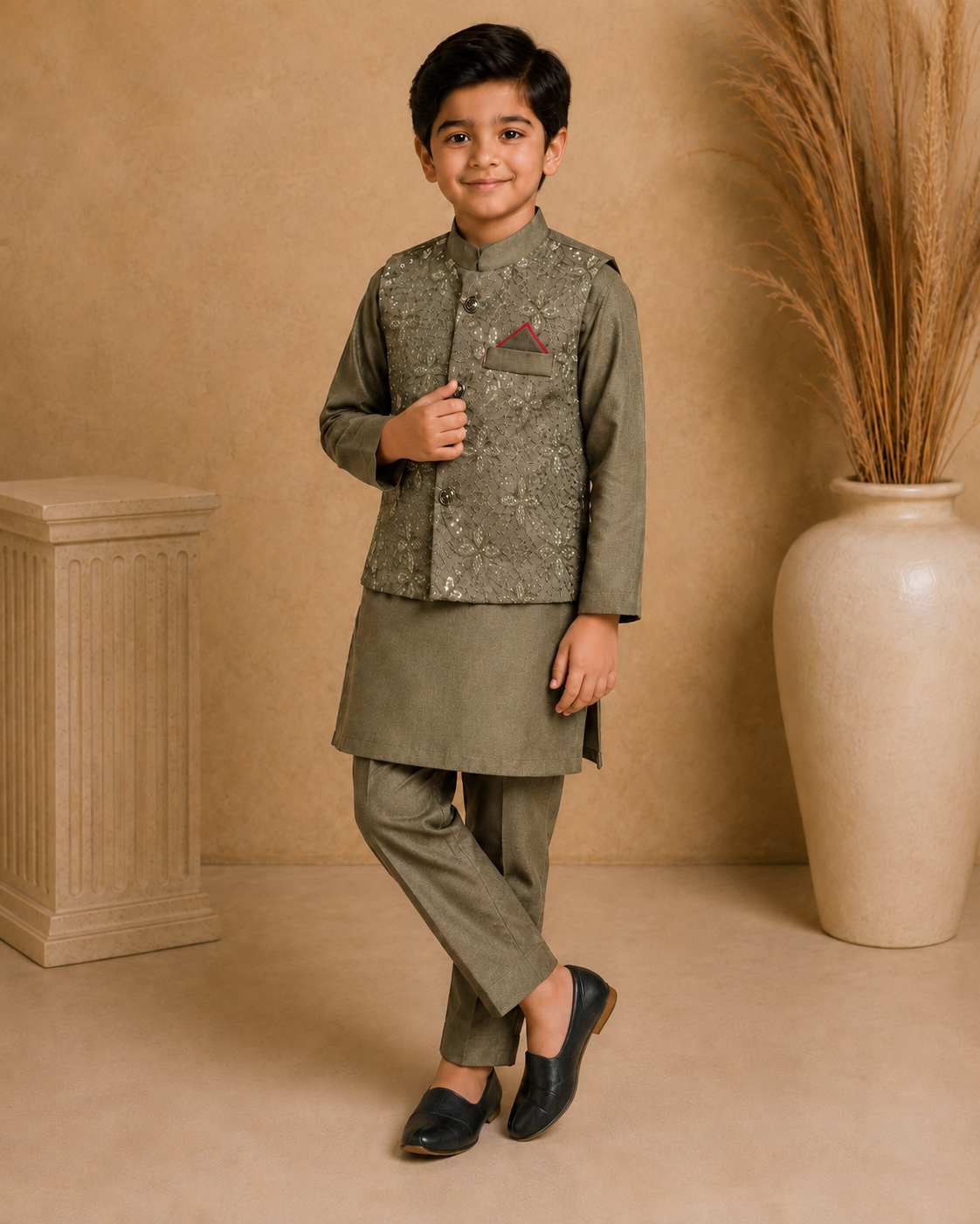 Royal Crest Embroidered Waistcoat Set With 3 Piece Kurta Pajama