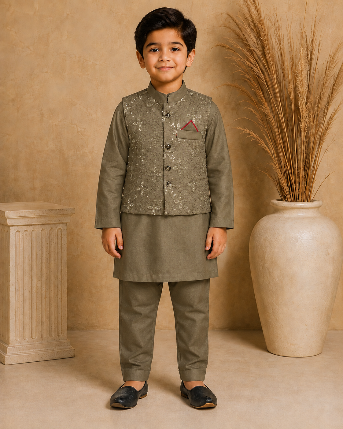 Royal Crest Embroidered Waistcoat Set With 3 Piece Kurta Pajama