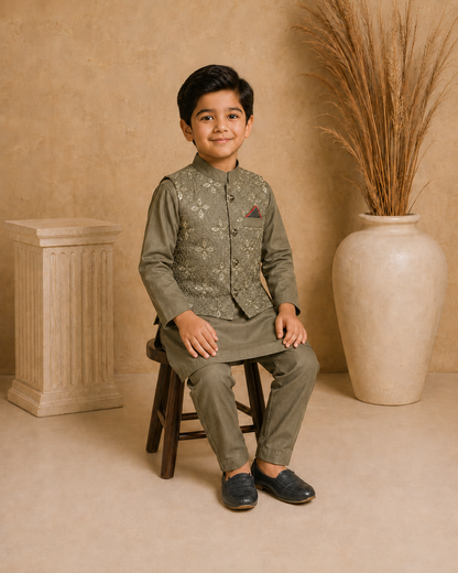 Royal Crest Embroidered Waistcoat Set With 3 Piece Kurta Pajama