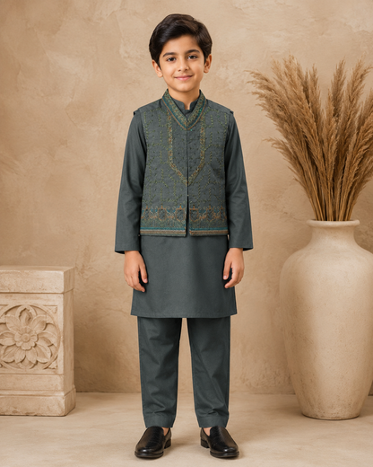 Slate Green Imperial Trellis Embroidered Waistcoat Set With 3 Piece Kurta Pajama