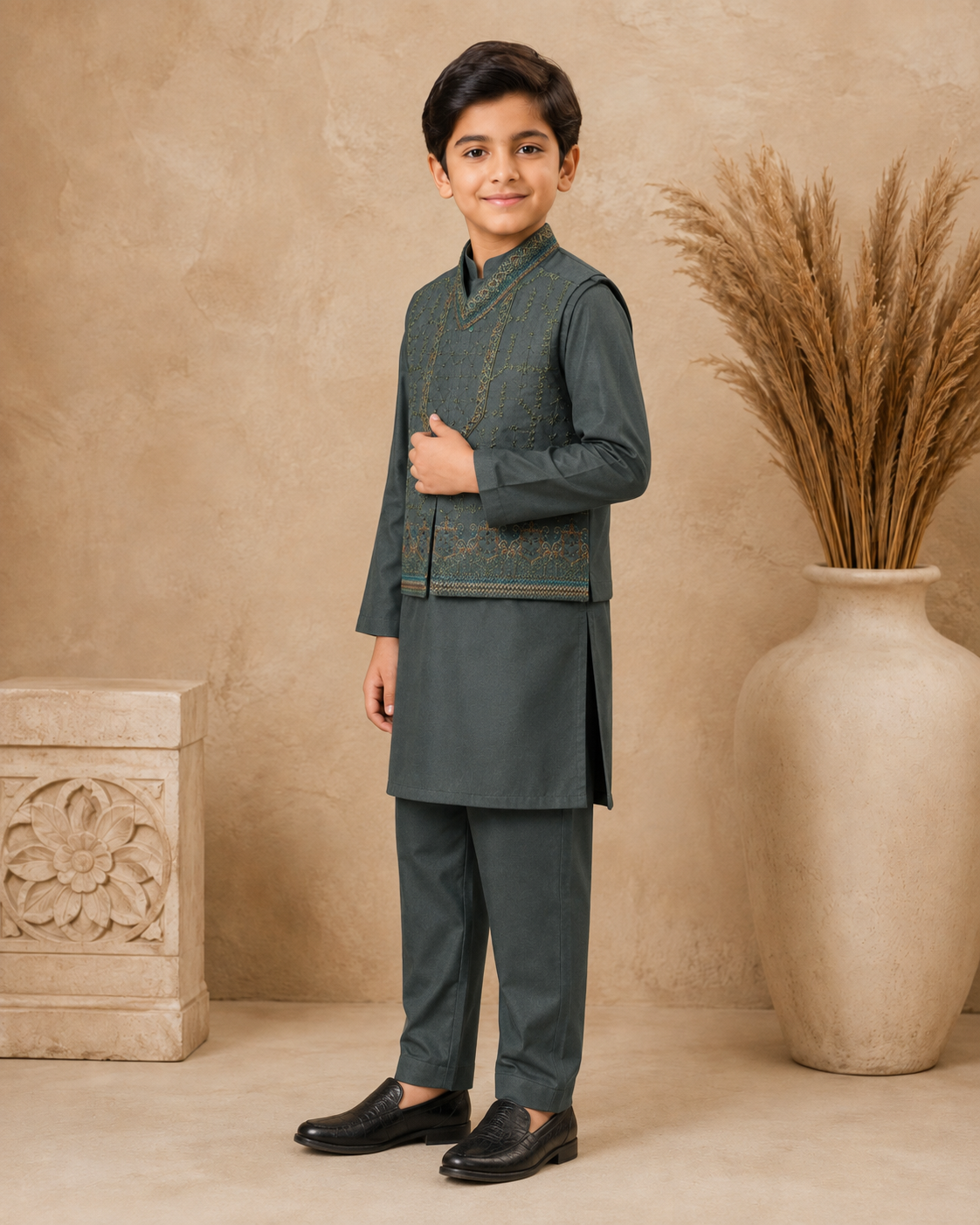 Slate Green Imperial Trellis Embroidered Waistcoat Set With 3 Piece Kurta Pajama
