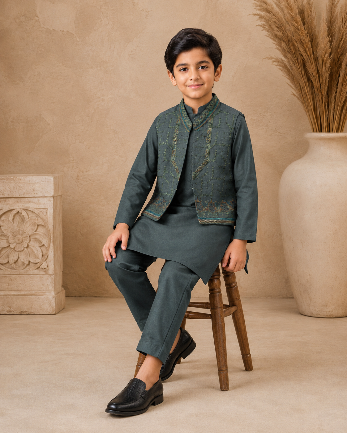 Slate Green Imperial Trellis Embroidered Waistcoat Set With 3 Piece Kurta Pajama