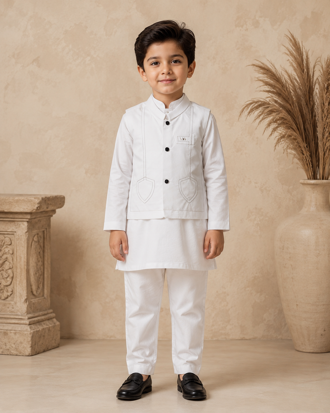 Soft Ivory shield shaped Tailored Waistcoat Set With 3 Piece Kurta Pajama