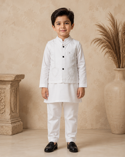 Soft Ivory shield shaped Tailored Waistcoat Set With 3 Piece Kurta Pajama