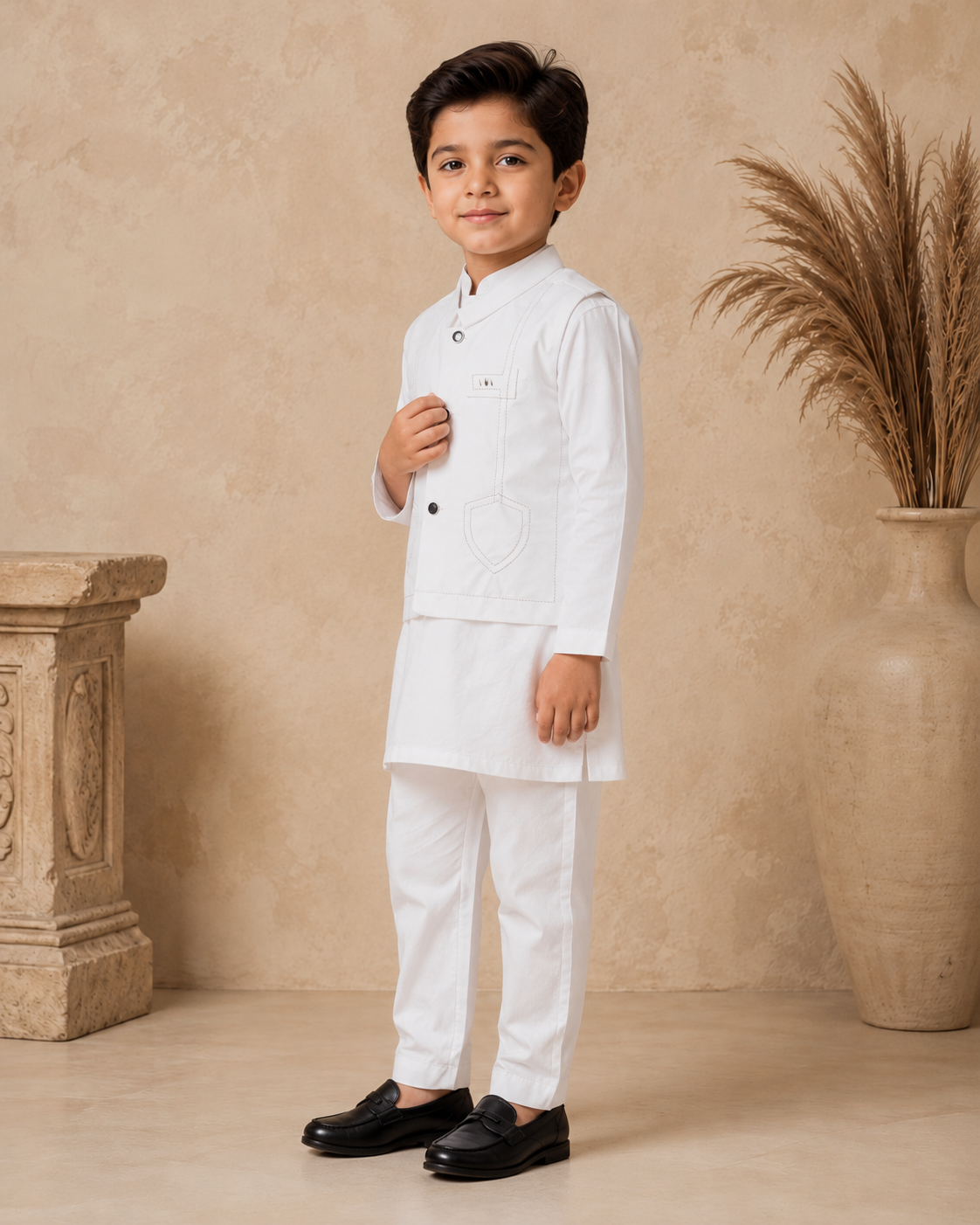 Soft Ivory shield shaped Tailored Waistcoat Set With 3 Piece Kurta Pajama