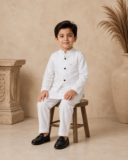 Soft Ivory shield shaped Tailored Waistcoat Set With 3 Piece Kurta Pajama