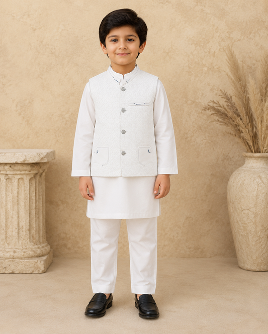 Regal Weave Classic White Tailored Waistcoat Set With 3 Piece Kurta Set Pajama