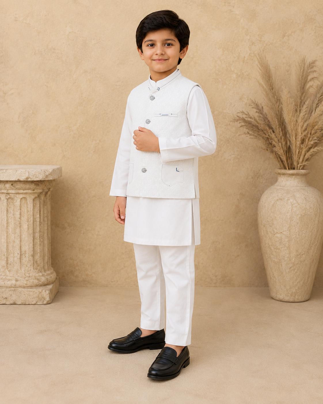 Regal Weave Classic White Tailored Waistcoat Set With 3 Piece Kurta Set Pajama
