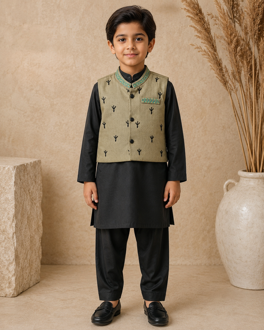 Modern Heritage 3 Piece Waistcoat Set With Kurta Pajama