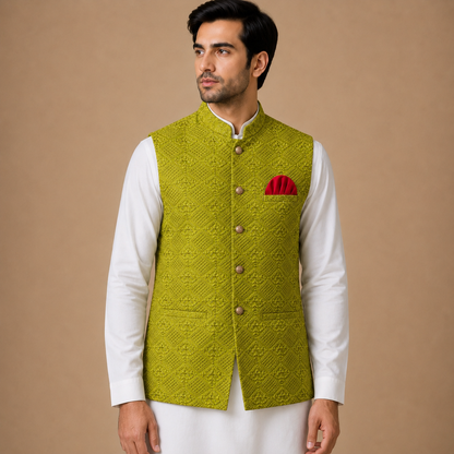 Sunehri Lime Embroidered Waistcoat