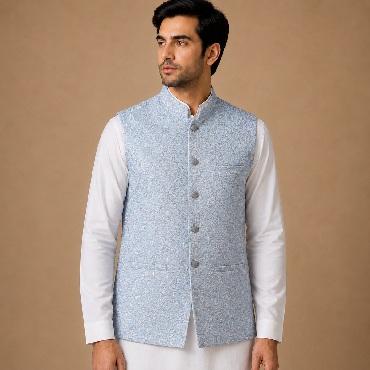 Powder Blue Embroidered Waistcoat
