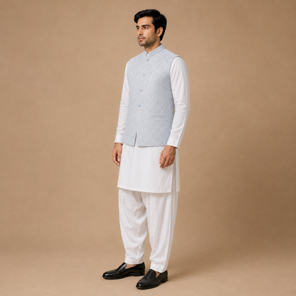 Powder Blue Embroidered Waistcoat
